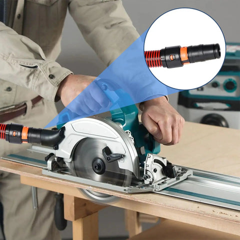 Person using circular saw with Seven Piece Universal Vacuum Hose Adapter Kit With Multi Size Connectors for dust collection