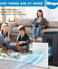 Family in living room with PlasmaWave air purifier and Two Pack Size 21 HEPA Replacement Filter A For PlasmaWave Air Purifiers.