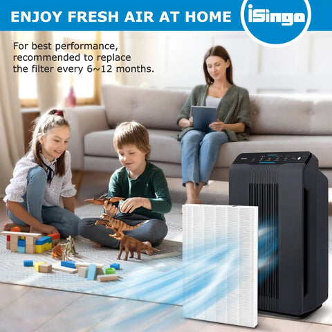 Family in living room with PlasmaWave air purifier and Two Pack Size 21 HEPA Replacement Filter A For PlasmaWave Air Purifiers.