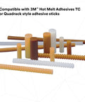 Diverse hot melt adhesive sticks compatible with 3M and Quadrack, showcasing various sizes and colors.