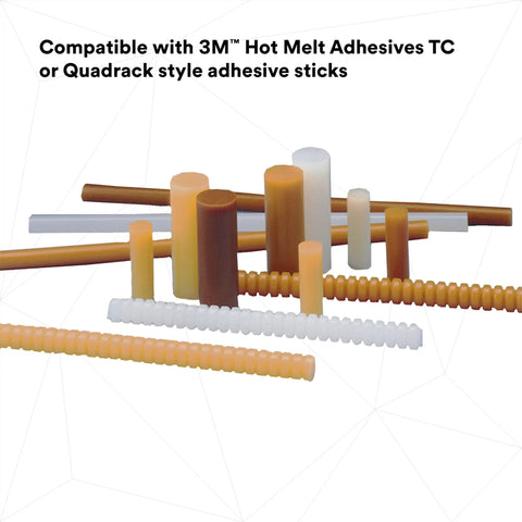 Diverse hot melt adhesive sticks compatible with 3M and Quadrack, showcasing various sizes and colors.