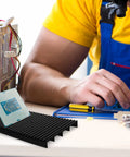 Anti Static Circuit Board Rack Tray For Electronics Projects Lightweight PCB Storage Holder Easy To Install Securely Holds Circuit Boards For Safe Maintenance And Quick Repairs shown holding a PCB securely next to a technician soldering.