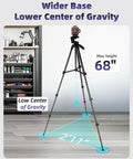 Ultra Lightweight 68 Inch Aluminum Laser Level Tripod With Bubble Level And Quick Release Plate One Quarter Inch Mount 360 Degree Pivot Pro Grade Flip Locks Folds To 18 Inches For Precise Laser Line Leveling shown with 68-inch max height and wide base.