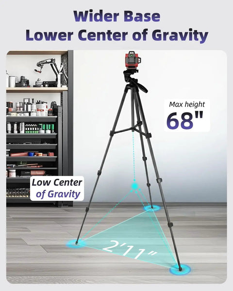 Ultra Lightweight 68 Inch Aluminum Laser Level Tripod With Bubble Level And Quick Release Plate One Quarter Inch Mount 360 Degree Pivot Pro Grade Flip Locks Folds To 18 Inches For Precise Laser Line Leveling shown with 68-inch max height and wide base.