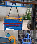 Front view of a 1-ton drum lifter with blue clamps and yellow jaw hooks lifting a blue 55-gallon drum