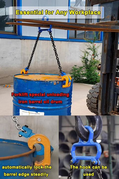 Front view of a 1-ton drum lifter with blue clamps and yellow jaw hooks lifting a blue 55-gallon drum