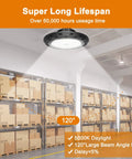 100W LED High Bay Light With 15,000 Lumens 5000K Daylight Dope Brightness illuminating a warehouse ceiling with boxes.