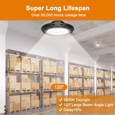 100W LED High Bay Light With 15,000 Lumens 5000K Daylight Dope Brightness illuminating a warehouse ceiling with boxes.