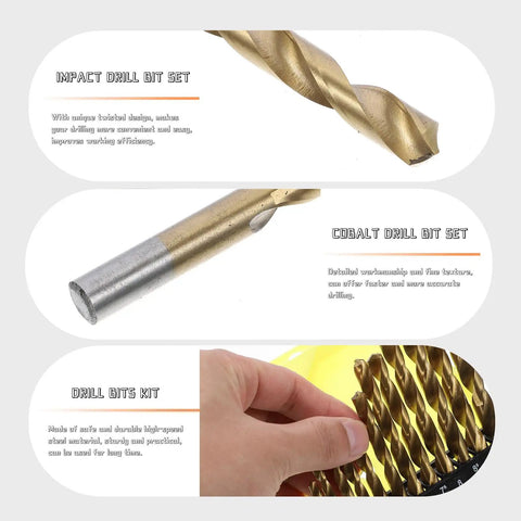 Top Tier 19 Piece Cobalt Steel Drill Bit Set With Tough Titanium Coating For Heavy Metal Drilling Jobs And Serious Industrial Work That Gets The Job Done Fast. 19-piece cobalt steel twist drill bits in gold and silver finish