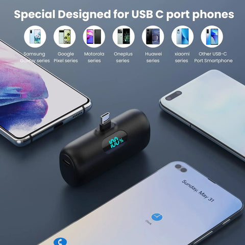 Slick Mini Portable Charger Power Bank 5000mAh Usb C Pd Fast Charging For iPhone 17 16 15 Series And Samsung Android on a desk with phones.