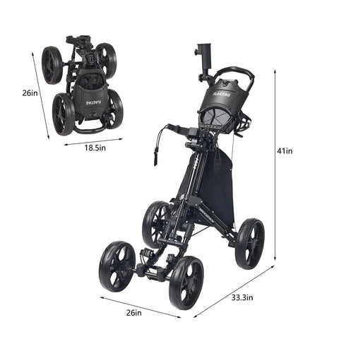 Four Wheel Golf Push Cart With Cup Holder And Umbrella Holder One Click Folding Height Adjustable Handle Lightweight Foldable Golf Pull Cart For Easy Car Trunk Storage, folded 26x18.5x26 in