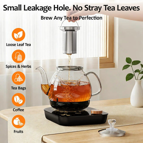 Electric Tea Maker With Infuser For Herbal Tea, Fruit Tea, And Loose Leaf, No-Fuss Temperature Control, Glass Kettle on table