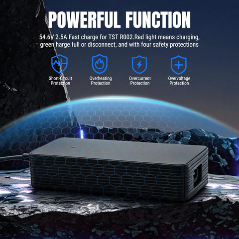 54.6V 2.5A 3 Pin Fast Charger For TST R002 R002S E Bikes Waterproof Power Adapter With UL Certification shown on rocky surface