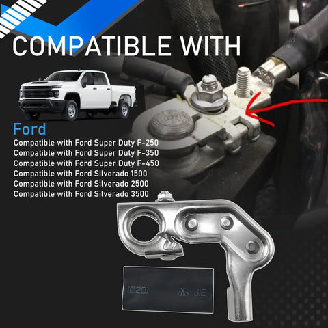 Positive And Negative Battery Terminal Set For Ford Super Duty F 250 350 450 And Chevy Silverado 2500 3500 Replaces BT4Z 14450 SD BT4Z 14450 BA Copper Alloy Rugged And Corrosion Resistant High Performance Electrical System Upgrade with detailed view of terminal installed on battery.