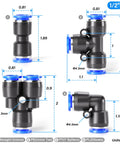 Half Inch Push To Connect Pneumatic Fittings Kit 40 Piece Set With 10 Splitters 10 Elbows 10 Tees And 10 Straights, dimensional diagram