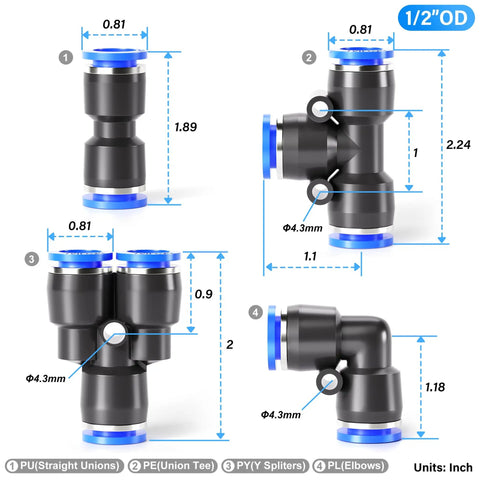 Half Inch Push To Connect Pneumatic Fittings Kit 40 Piece Set With 10 Splitters 10 Elbows 10 Tees And 10 Straights, dimensional diagram