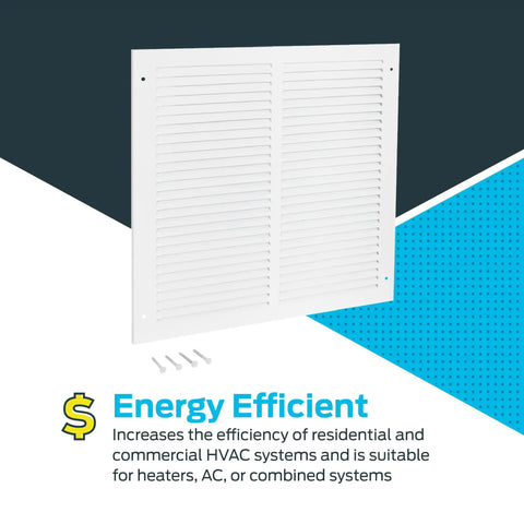 16 By 16 Inch Return Air Vent Cover For Wall Or Ceiling, solid steel grille, white finish, shown with screws for installation