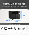 Heavy-Duty 4-Bay Desktop Nas Built To Crush Massive Data Loads Without Breaking A Sweat, showing dimensions and included accessories.