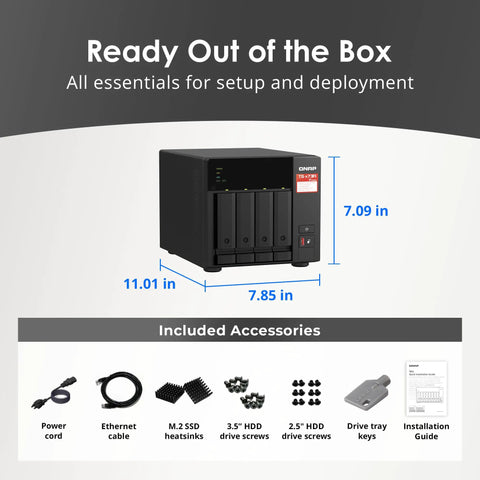 Heavy-Duty 4-Bay Desktop Nas Built To Crush Massive Data Loads Without Breaking A Sweat, showing dimensions and included accessories.