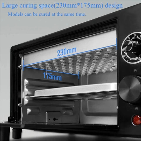 Interior view of Big League Resin Curing Box 2400W showing large 230mm x 175mm curing space for simultaneous model curing.