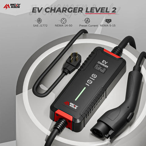 Fast Level 2 40 Amp Portable EV Charger with 25 Foot Cable, NEMA 14-50P Plug, and 5-15P Adapter on a white surface