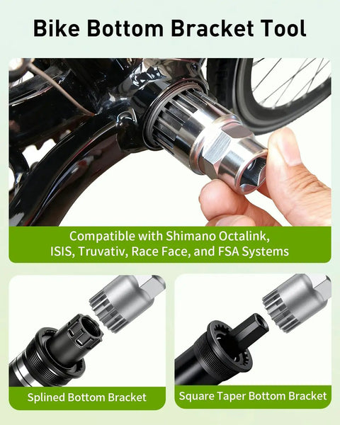 Bike Bottom Bracket Tool Remover With 20 Tooth Spline For Shimano Octalink ISIS Truvativ Race Face FSA And More shown in use