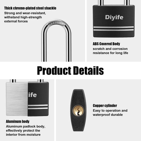 Aluminum Padlock With Key 2 Pack Waterproof And Rustproof Long Shackle Locks For Outdoor Use; Diyife padlock details and features