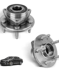 Drop In Replacement Wheel Bearing And Hub Assembly Set For GM Vehicles With 5 Lug Hubs And ABS Front Or Rear Fits Malibu Impala Equinox Terrain Lacrosse Regal Cadillac XTS CTS 2 Pack shown with a car in the background