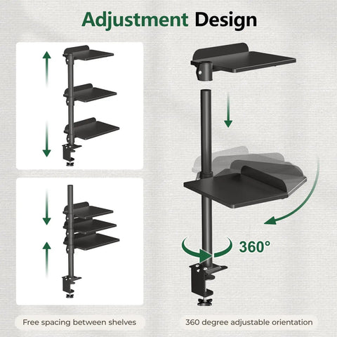 3 Tier Clamp On Desk Shelf With Height Adjustment And 360 Degree Rotatable Tray For Over Under Desk Storage Baffle Included