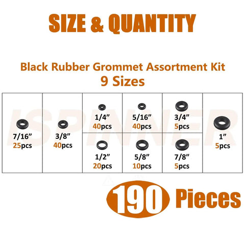 190Pcs Rubber Grommet Assortment Kit With 9 Sizes Eyelet Ring Gasket From One Quarter Inch To One Inch For Wiring And Diy Projects