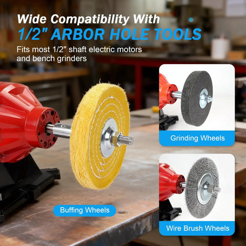 Built Tough 1/2 Inch Bore Shaft Arbor Adapter Drops Right Into Standard Motors for Buffing and Grinding Wheels.