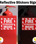 Reflective Fire Extinguisher Inside Sign Stickers on red extinguisher, day and night visibility shown