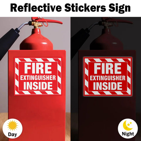 Reflective Fire Extinguisher Inside Sign Stickers on red extinguisher, day and night visibility shown