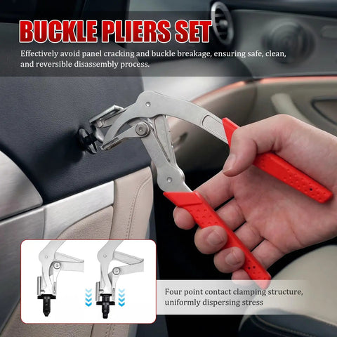 Non Destructive Car Clip Pliers Set With 20 8mm Rivets in use on car door panel
