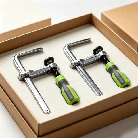 Rock Solid Kickass Hold Down Clamps For Woodworking Track Saws And T Track Jigs Precision Dovetail Shop Fixture Heavy Duty Tabletop Tool with two clamps in a box.