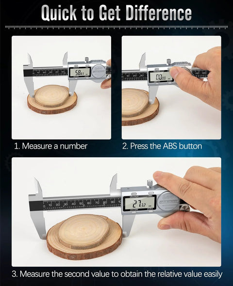 Housolution 12-inch digital caliper with ABS button, stainless steel body, measuring a wood disk; LCD readout.