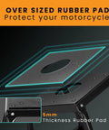 Heavy Duty Motorcycle Stand for Dirt Bikes and Off Road MX Rides Built Tough Universal Fit Powder Coated Steel Non Slip Maintenance Stand for Dirt Bike Servicing and Repairs Black Finish with detailed view of oversized rubber pad, 5mm thickness, showing sturdy platform for bike support.