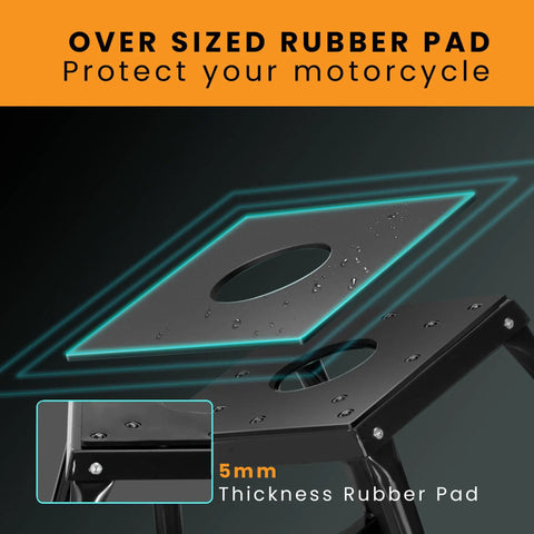 Heavy Duty Motorcycle Stand for Dirt Bikes and Off Road MX Rides Built Tough Universal Fit Powder Coated Steel Non Slip Maintenance Stand for Dirt Bike Servicing and Repairs Black Finish with detailed view of oversized rubber pad, 5mm thickness, showing sturdy platform for bike support.