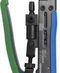 Universal Dual Head Coaxial Compression Tool with quick adjust dial and easy clamp, designed for CATV CCTV installations.