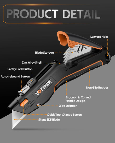 VOTREK orange-black retractable box cutter with blade storage, safety lock, ergonomic handle (side view)