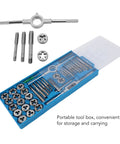 Premium 40 Piece High Carbon Steel Tap And Die Set With Wrenches Thread Gauge And Screwdriver For Auto Repair Metalworking And DIY Projects To Fix Threads On The Fly, blue case open
