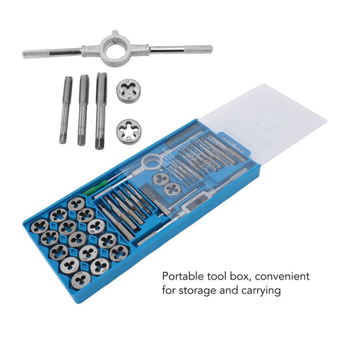 Premium 40 Piece High Carbon Steel Tap And Die Set With Wrenches Thread Gauge And Screwdriver For Auto Repair Metalworking And DIY Projects To Fix Threads On The Fly, blue case open