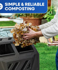Person loading leaves into Dual Chamber 43 Gallon Compost Tumbler Bin For Outdoor Gardens And Backyards No Fuss Easy Turn