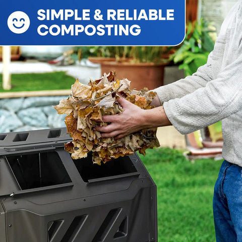 Person loading leaves into Dual Chamber 43 Gallon Compost Tumbler Bin For Outdoor Gardens And Backyards No Fuss Easy Turn