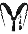 Premium Swivel Golf Bag Strap Replacement with padded contour for dual shoulder backpack system, black color.