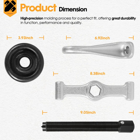 Universal Wheel Hub Puller Removal Tool dimensions featuring steel components and hex drive bolt.