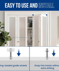 Bi-Fold Door Top Roller Hardware Kit With Spring Loaded Pivots And Guide Wheels For Closet Folding Shower Pocket And Accordion Doors DIY Replacement Parts displayed with closet door and installation example.