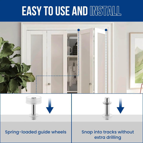 Bi-Fold Door Top Roller Hardware Kit With Spring Loaded Pivots And Guide Wheels For Closet Folding Shower Pocket And Accordion Doors DIY Replacement Parts displayed with closet door and installation example.