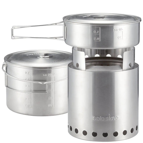 Campfire 2 Pot Wood Burning Camping Stove Set For 4 Plus People, stainless steel stove with 2 pots for outdoor use.
