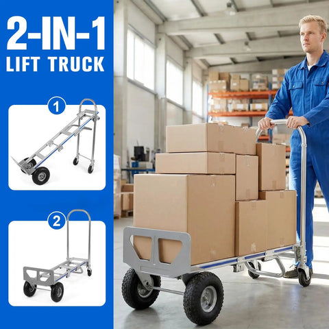 Lightweight Aluminum Industrial Dolly Converts From Two Wheel Upright To Four Wheel Platform Tough As Nails Rust Proof Cargo And Storage Cart For Warehouse Factory Retail Store And Office with boxes